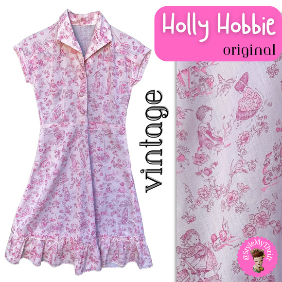 Vintage 70s HOLLY HOBBIE ORIGINAL FABRIC Childs Print Pink Cotton Dress Summer - Picture 2 of 10